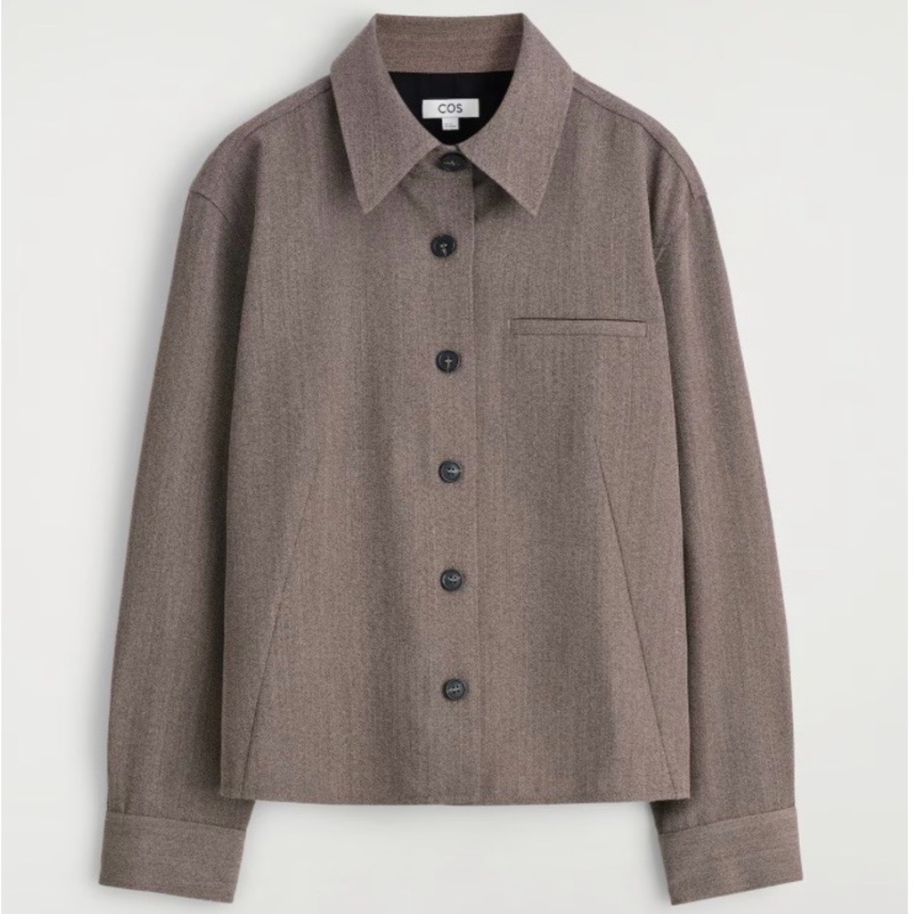 COS Brown Taupe Button-Front Wool-Blend Shirt Jacket